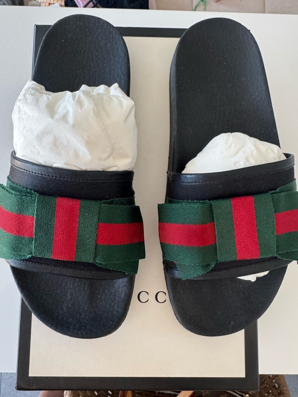 Gucci Black Slides with Green and Red Striped Bow